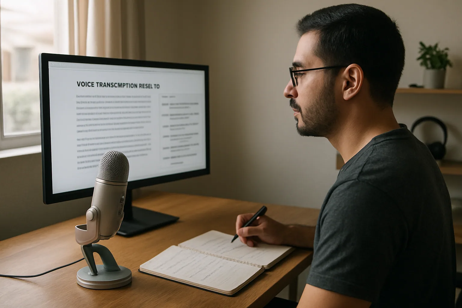 Un desarrollador revisa una transcripción de audio en una pantalla de escritorio junto a un micrófono USB y una libreta con notas técnicas.