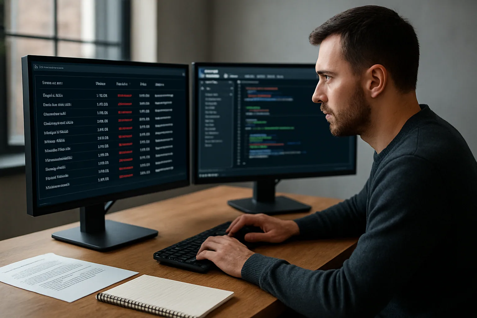 Un analista de ciberseguridad revisa en una pantalla varios paquetes de software y un tablero con alertas de seguridad en una oficina moderna.
