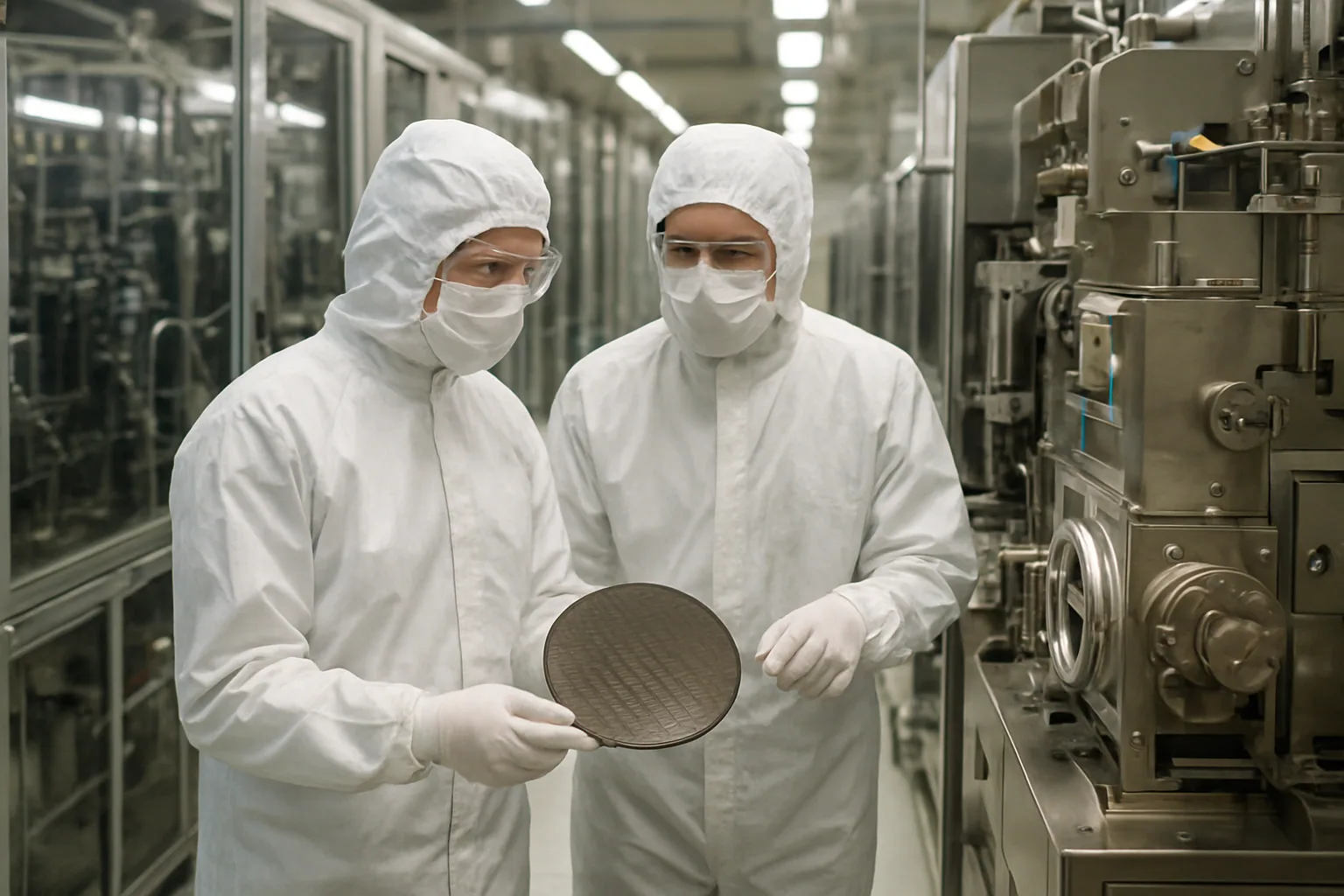 Una línea de producción de semiconductores en una planta industrial con técnicos revisando equipos de fabricación de chips.