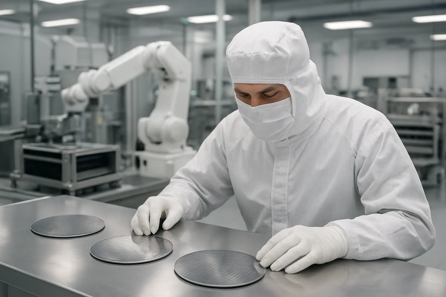 Un técnico revisa obleas de silicio en una sala limpia de fabricación de semiconductores mientras un brazo robótico trabaja al fondo.