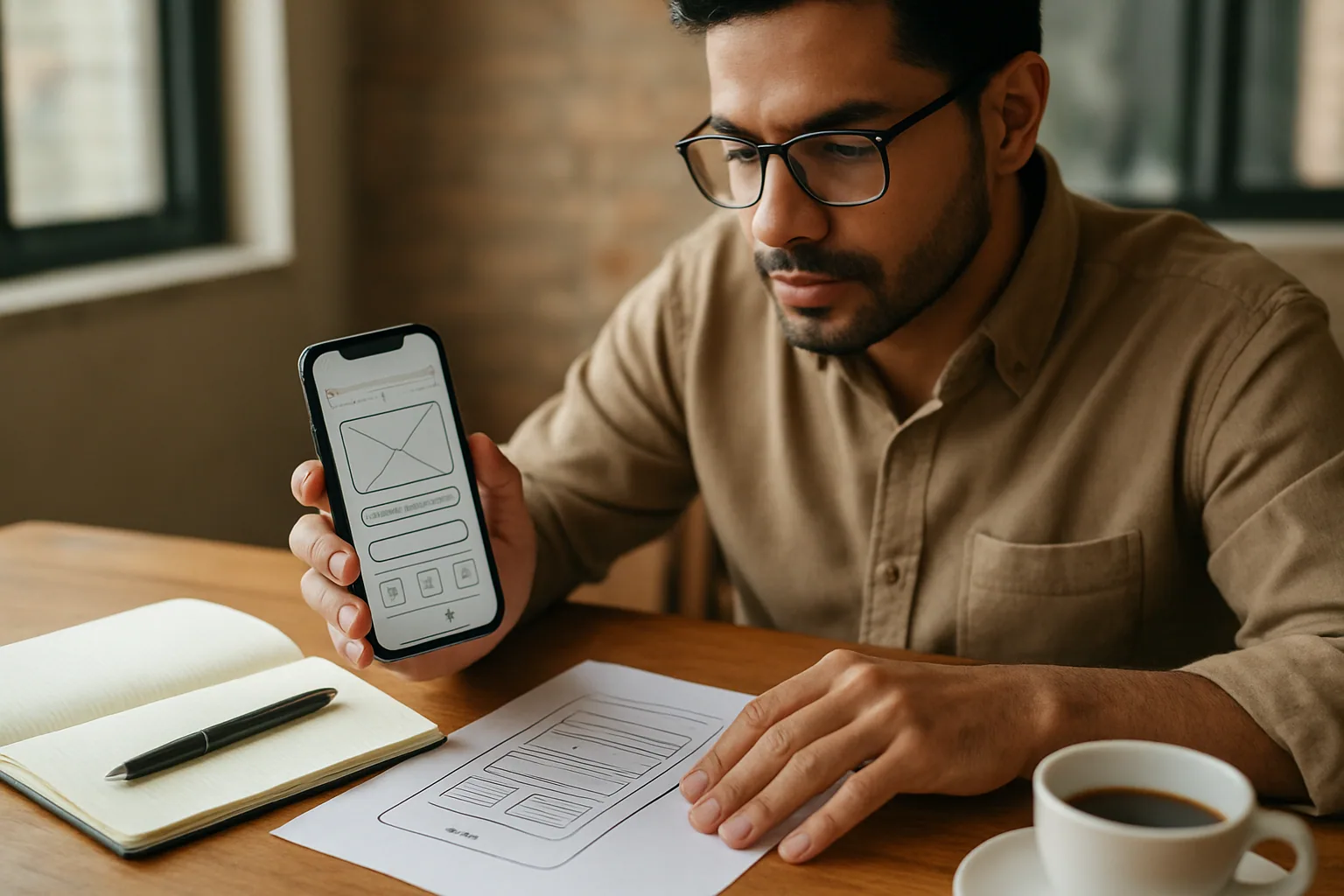 Una persona revisa en su teléfono una web de servicio mientras al lado hay un ícono de app y una libreta con notas de producto sobre una mesa.