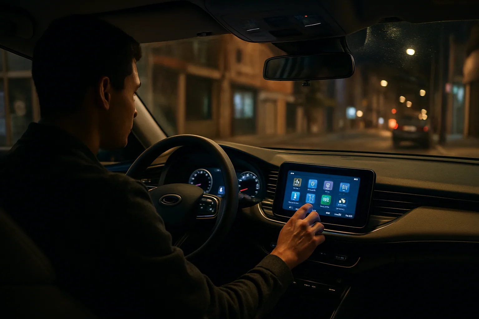Una persona revisa la pantalla del tablero de un auto moderno estacionado de noche, con luces del panel encendidas y la ciudad desenfocada al fondo.