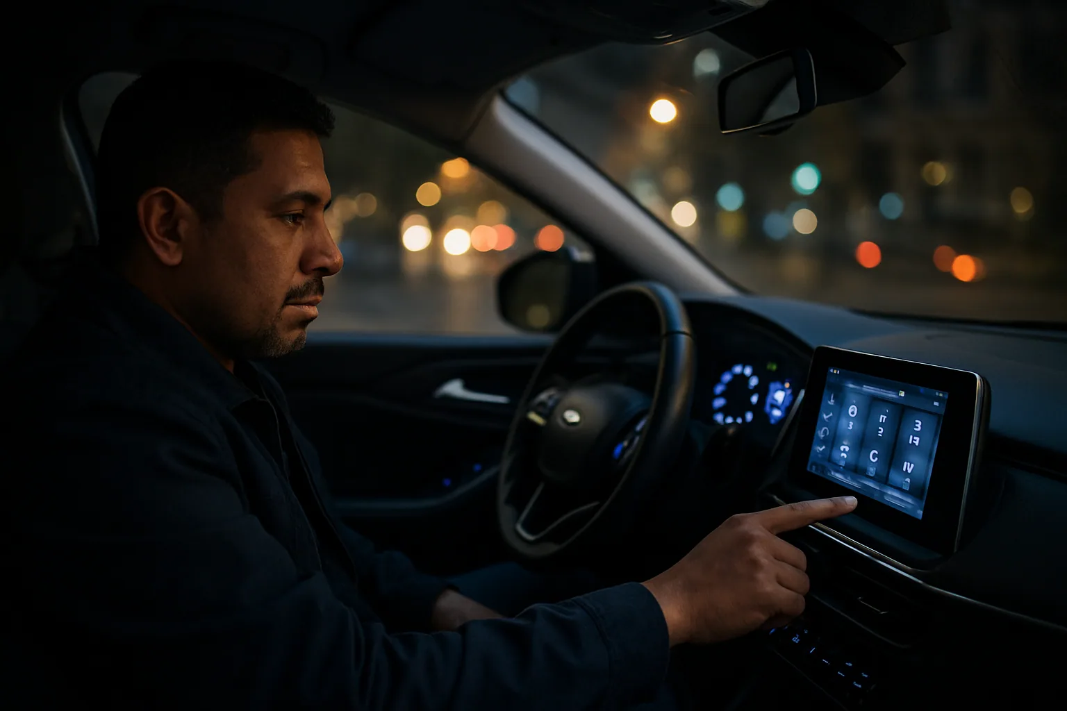 Un conductor revisa la pantalla central de un auto moderno mientras el vehículo está estacionado en una calle urbana de noche.
