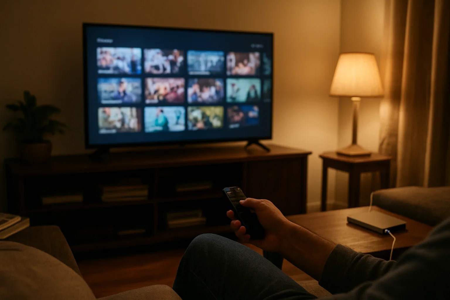 Una persona usa un control remoto frente a una Smart TV encendida en una sala de estar, con un router doméstico y varios dispositivos conectados visibles al fondo.