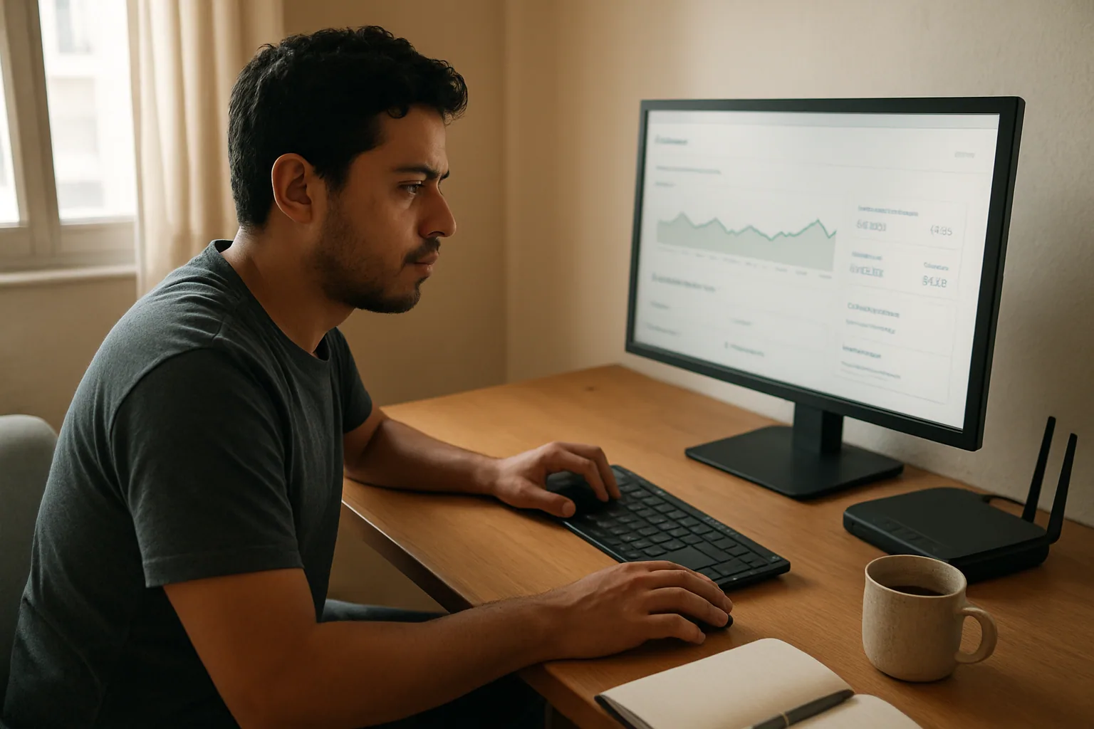 Una persona revisa el panel de control de su sitio web desde una mesa sencilla, con libreta, móvil y router doméstico a la vista.