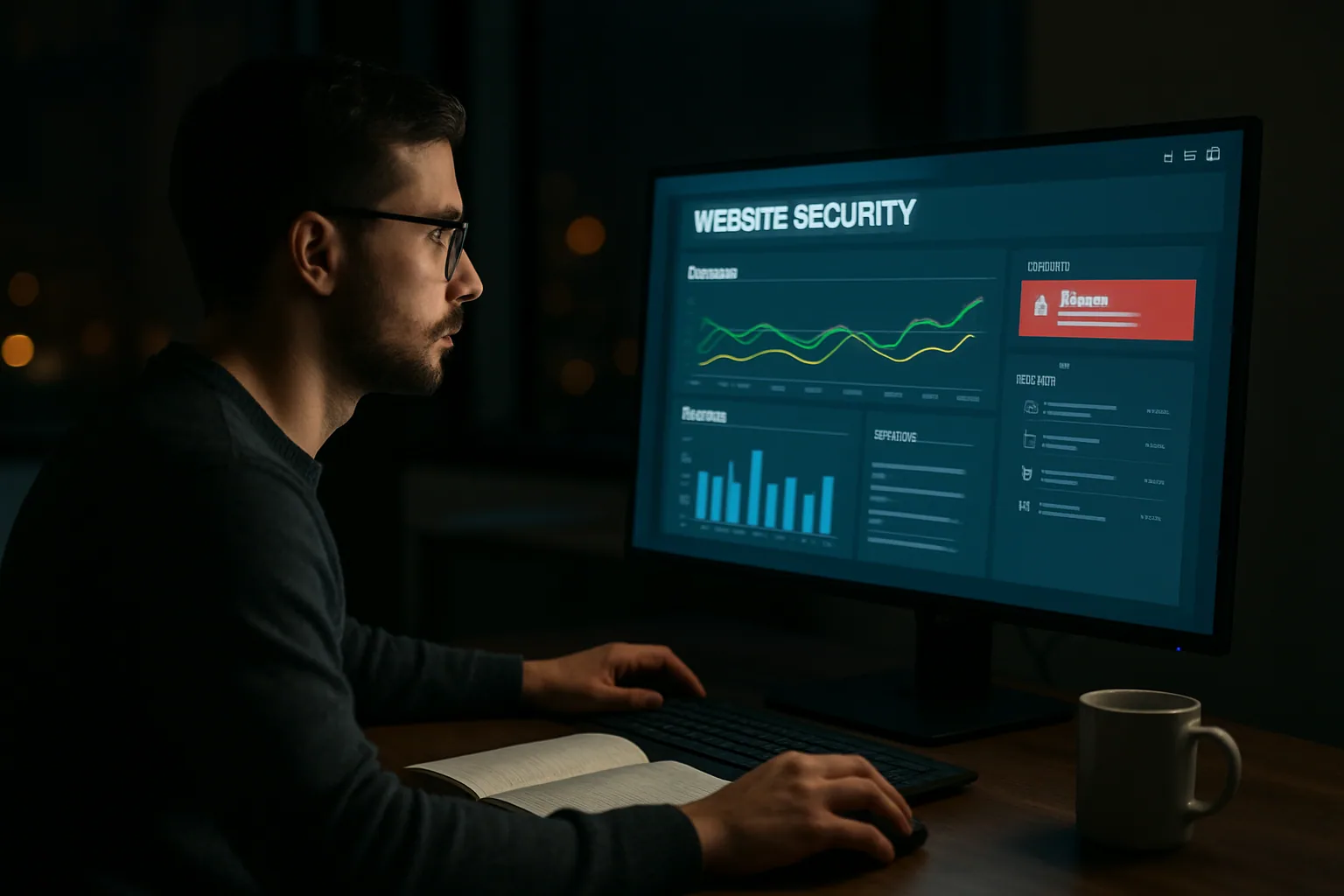 Una persona frente a un monitor revisa un panel de seguridad web con gráficos y alertas de tráfico automatizado en una oficina nocturna.