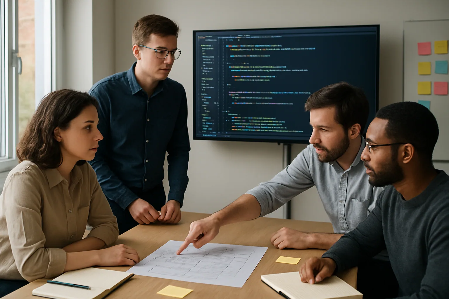 Un equipo de desarrollo revisa código TypeScript en una sala de trabajo con pizarras, monitores y notas de arquitectura en una oficina moderna.