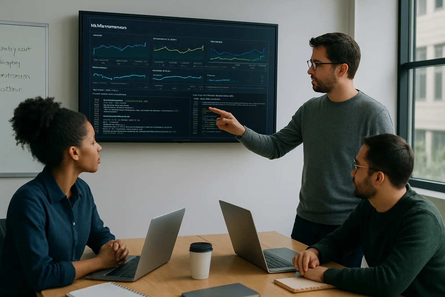 Un equipo de desarrollo revisa métricas de compilación en una sala de trabajo moderna mientras una terminal muestra tiempos de TypeScript y gráficos de rendimiento.