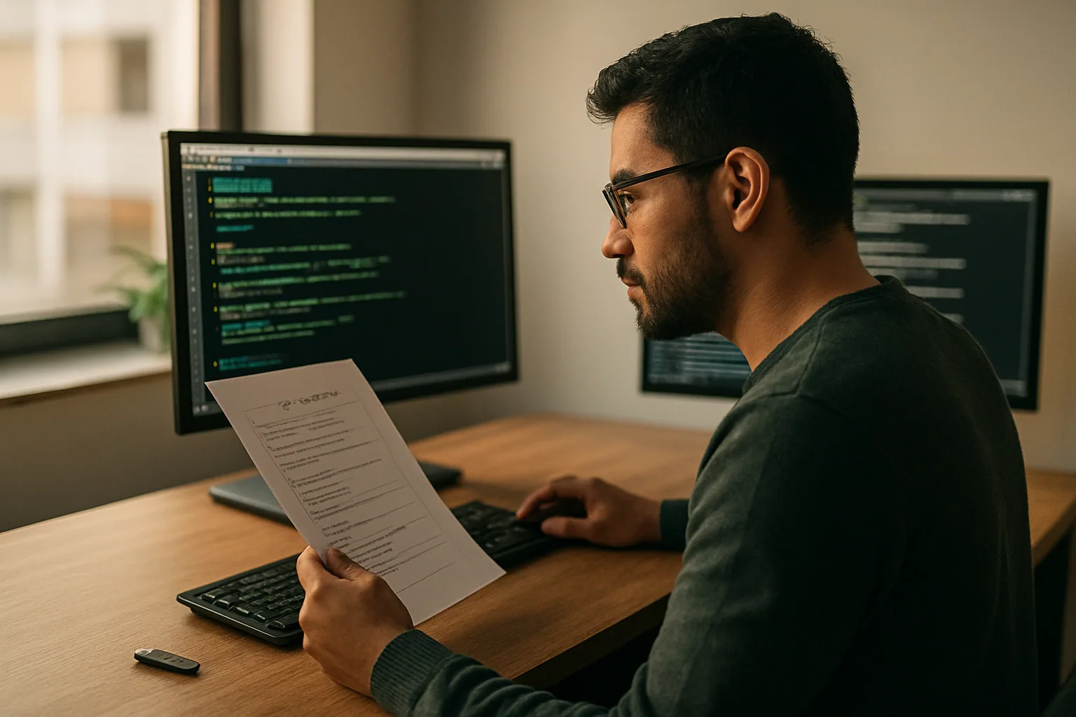 Una persona técnica revisa un binario compilado desde TypeScript en una terminal mientras compara tiempos de build y distribución en una mesa de trabajo.