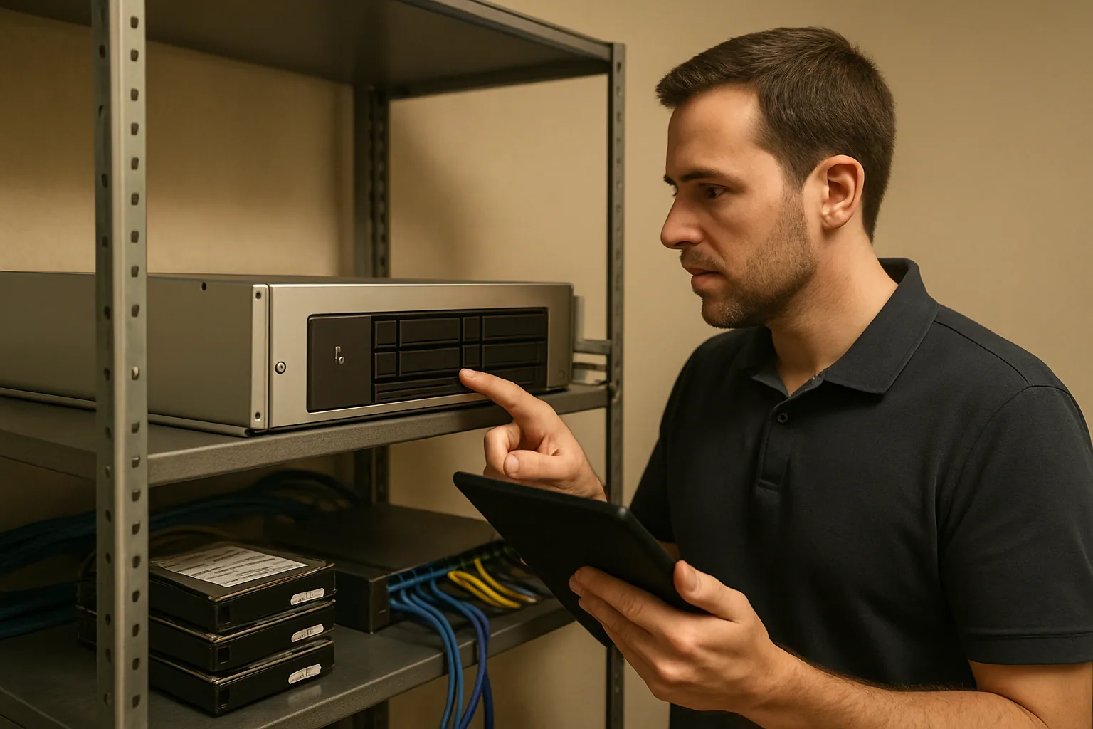Un rack de servidores compacto con un equipo Ubiquiti de almacenamiento al frente, junto a discos duros y cables de red en un entorno de oficina técnica.