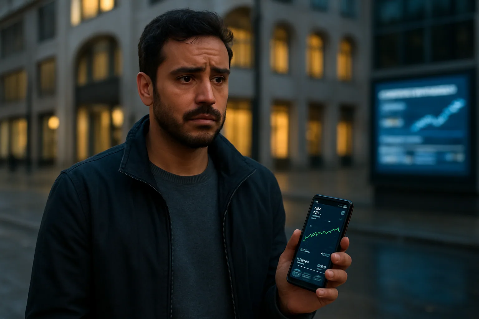 Una persona revisa en su móvil una app de criptomonedas mientras al fondo aparece un edificio institucional europeo y una pantalla con gráficos financieros.