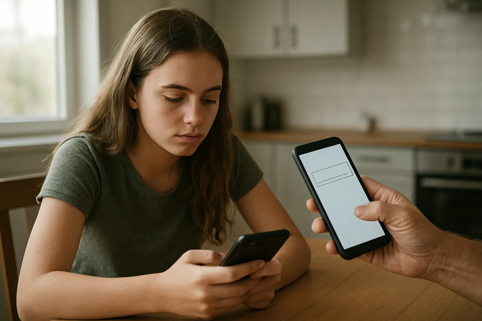 Una adolescente mira la pantalla de un teléfono mientras un adulto sostiene otro móvil con una pantalla de verificación de edad en una sala iluminada por luz natural.