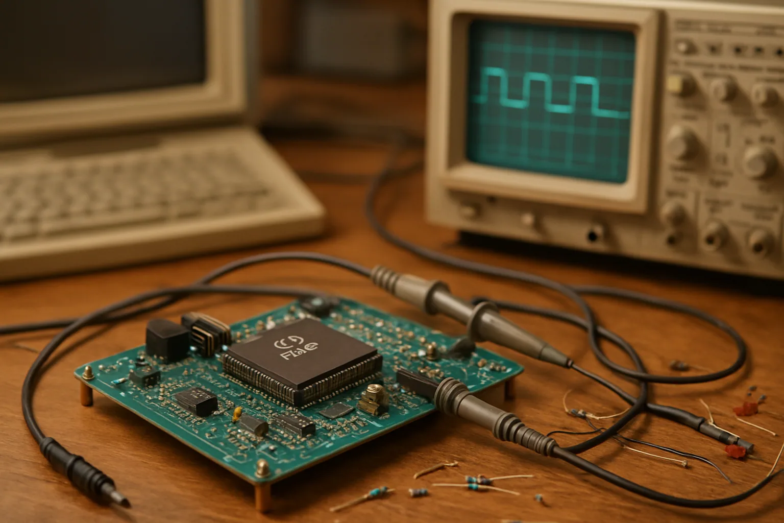 Una placa o montaje de laboratorio con un procesador 80386, sondas de medición y herramientas electrónicas sobre una mesa técnica.
