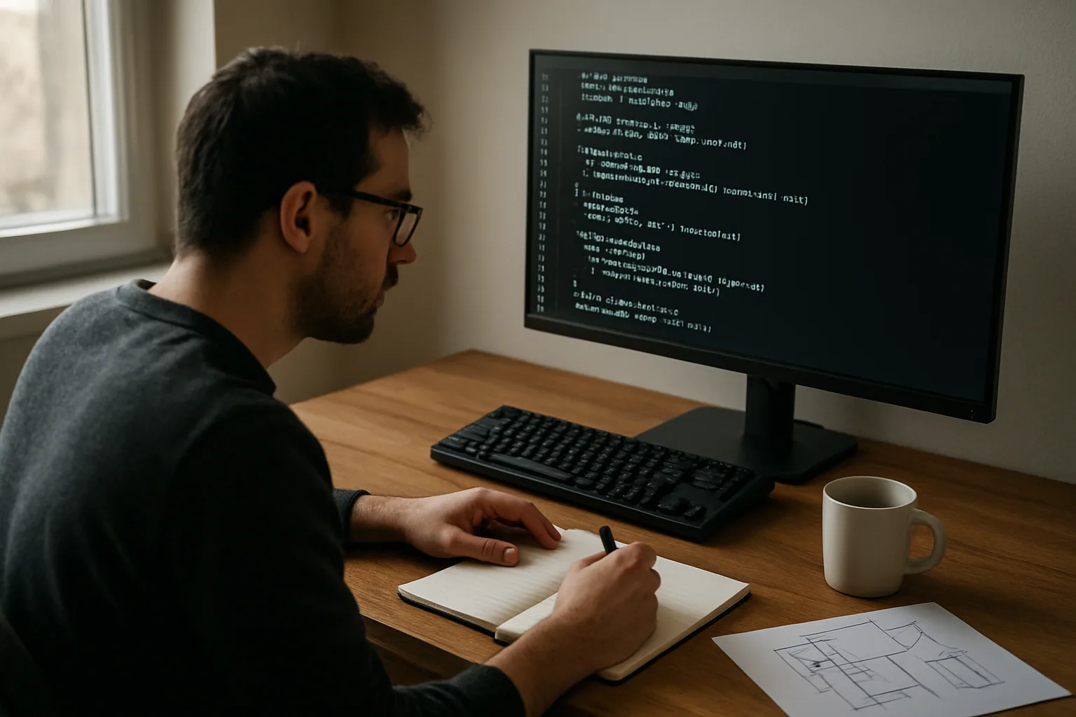 Una persona revisa código Lisp en una terminal mientras toma notas en un escritorio con teclado mecánico y cuaderno, en un entorno de trabajo técnico.