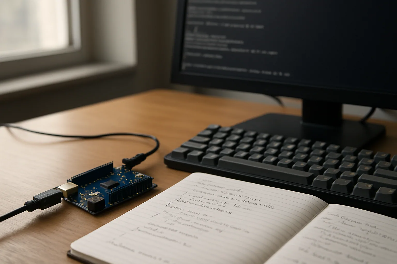 Una mesa de trabajo con una placa embebida, un cuaderno con notas de C y una terminal mostrando compilación en una computadora de escritorio.