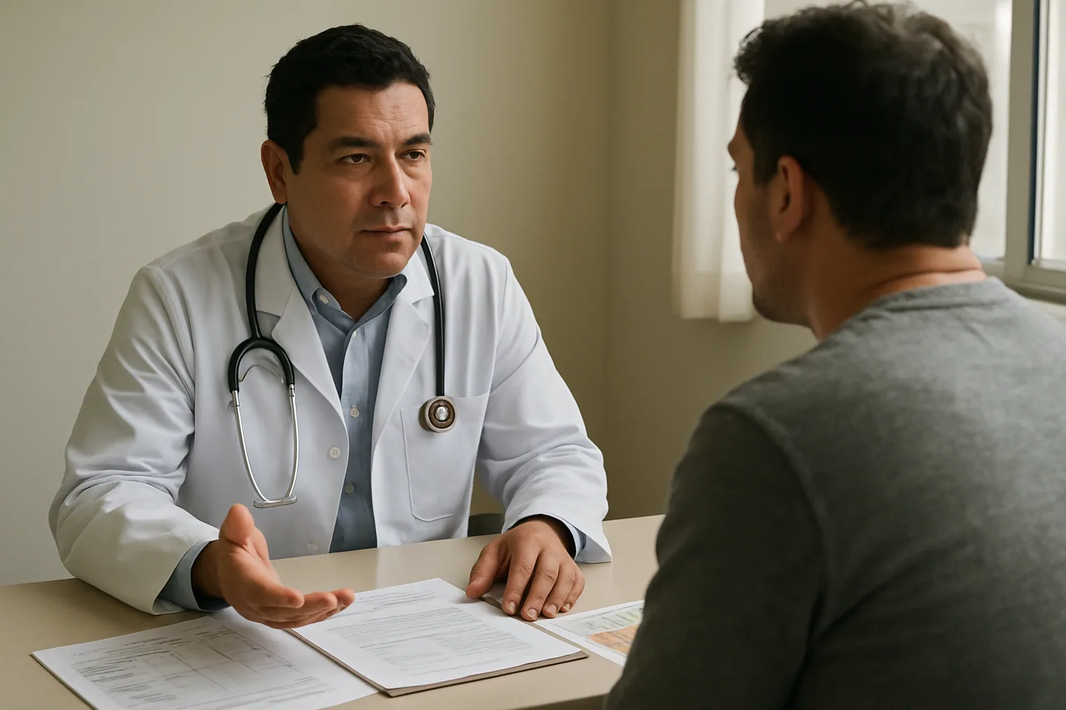 Una médica revisa resultados de laboratorio junto a una paciente en una clínica, con una hepatitis B en tratamiento y gráficos médicos de fondo.