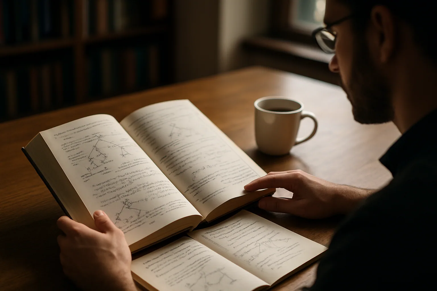Una persona revisa apuntes de compiladores en una mesa de trabajo con libros abiertos, una taza de café y diagramas de gramáticas impresos.