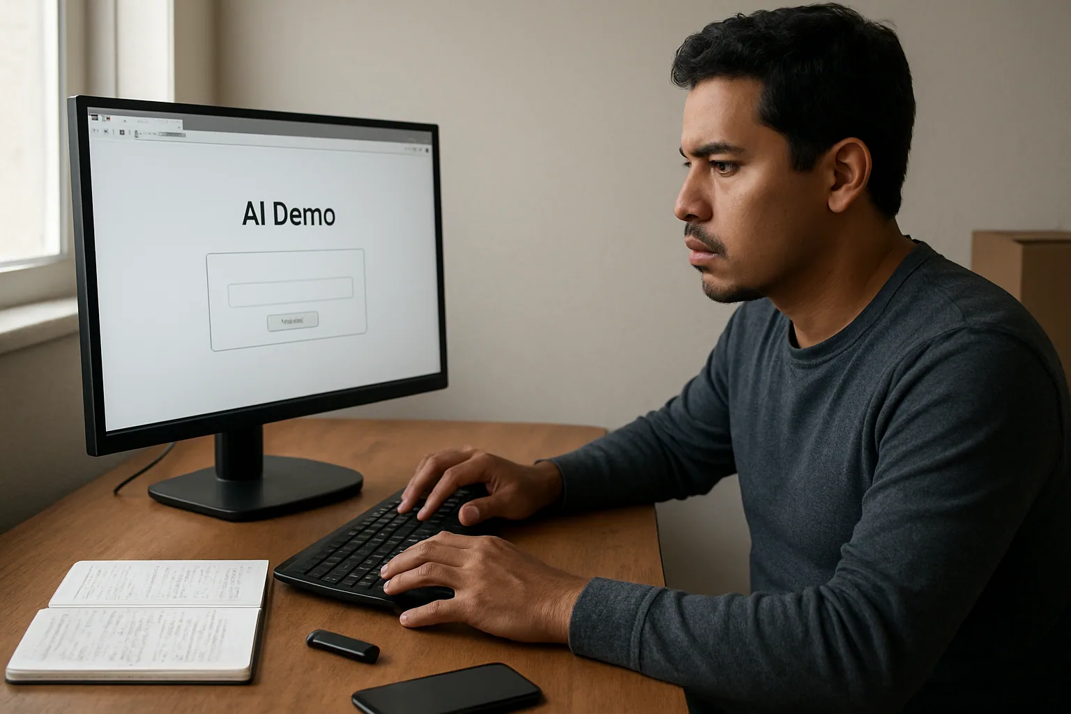 Una persona revisa una demo de IA en un navegador de escritorio junto a notas técnicas impresas y una taza de café en una mesa de trabajo.