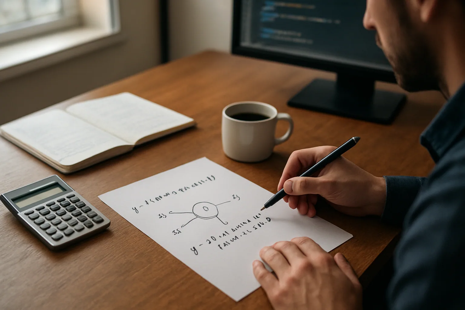 Una persona escribe código de Python en una libreta junto a una calculadora y un diagrama sencillo de neurona dibujado a mano sobre una mesa.