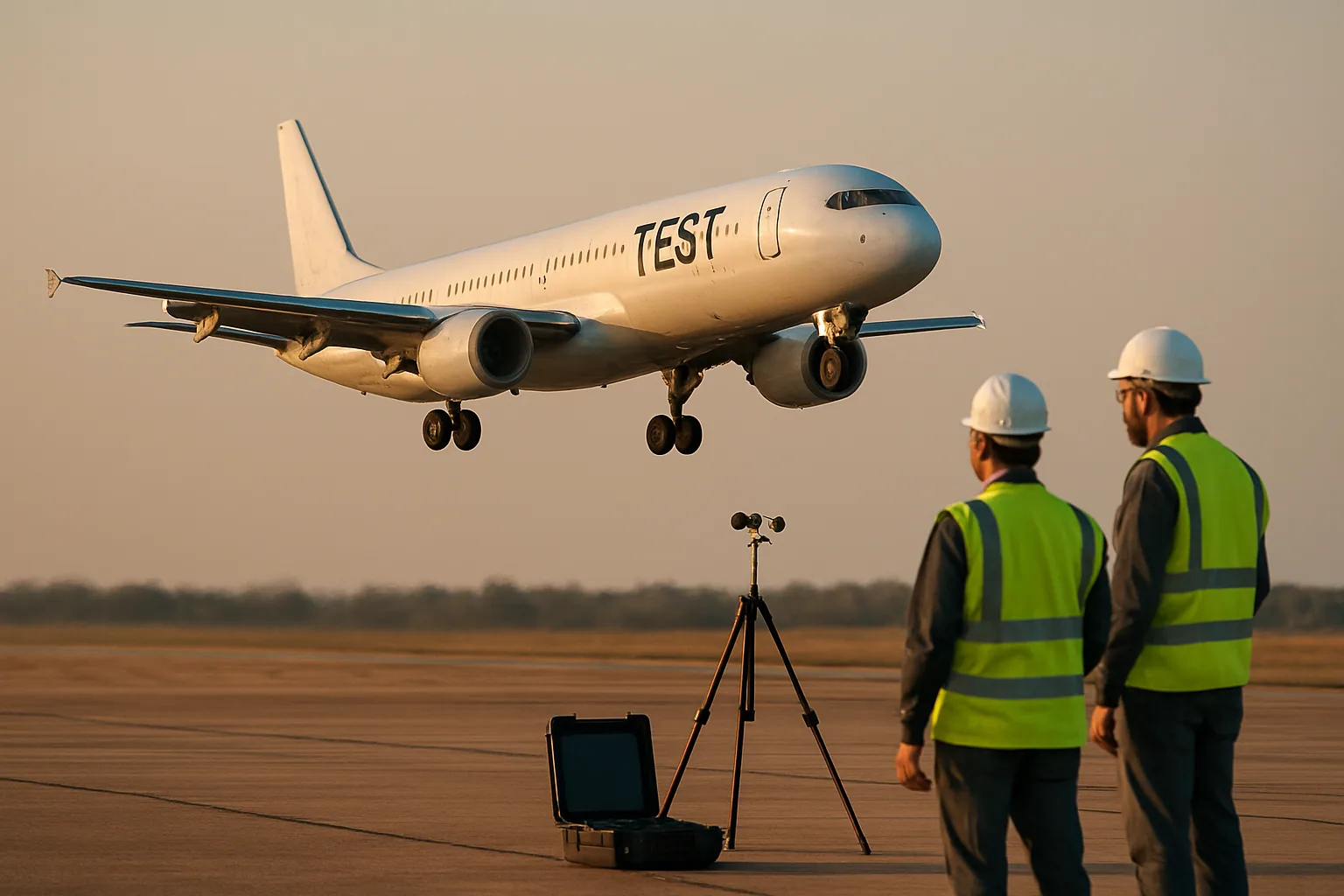 Un avión de pruebas en vuelo bajo sobre una pista con técnicos observando desde tierra y equipos de medición.