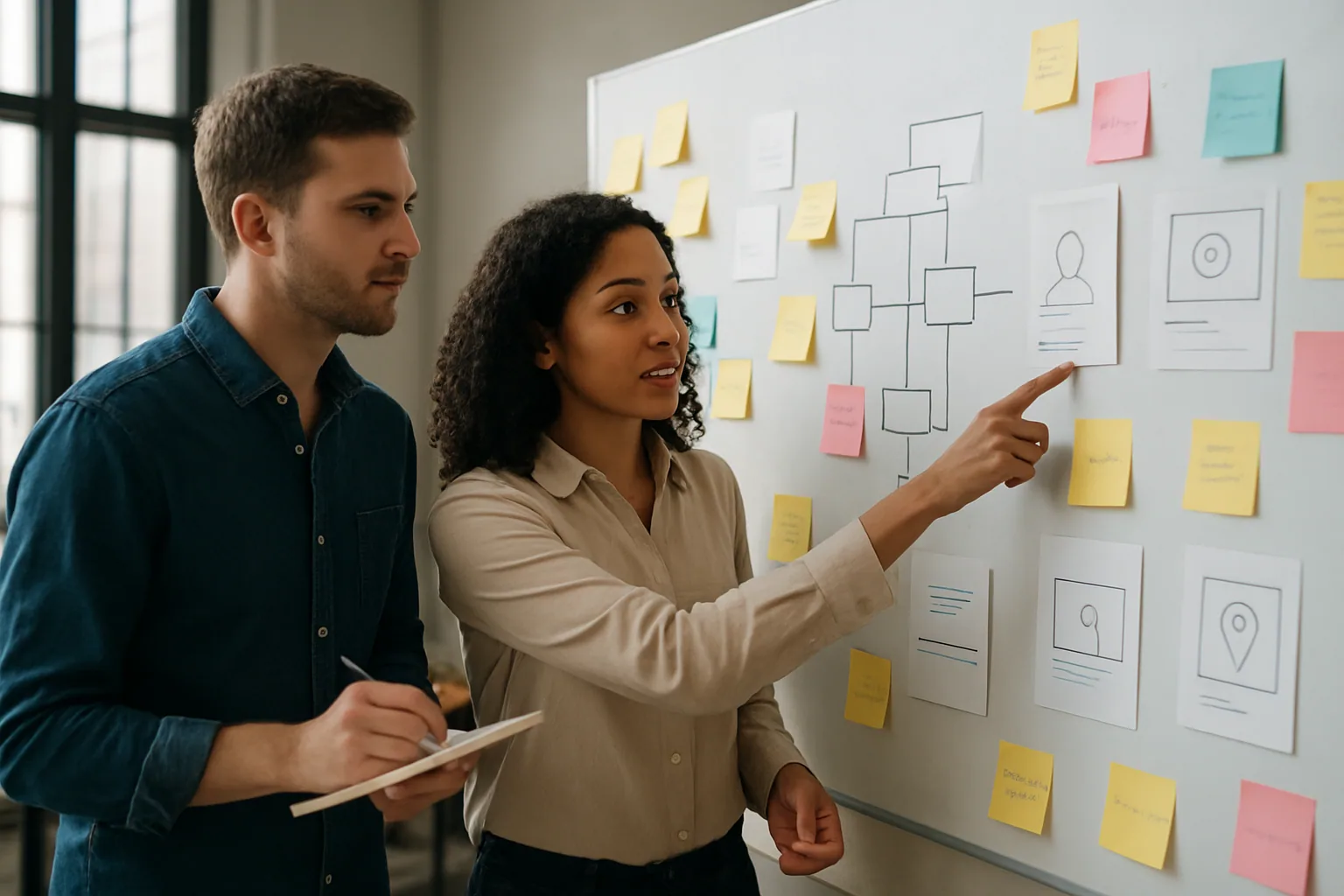 Una persona revisa un tablero de notas y tarjetas de diseño mientras conversa con otra frente a una pared con diagramas de producto en una oficina luminosa.