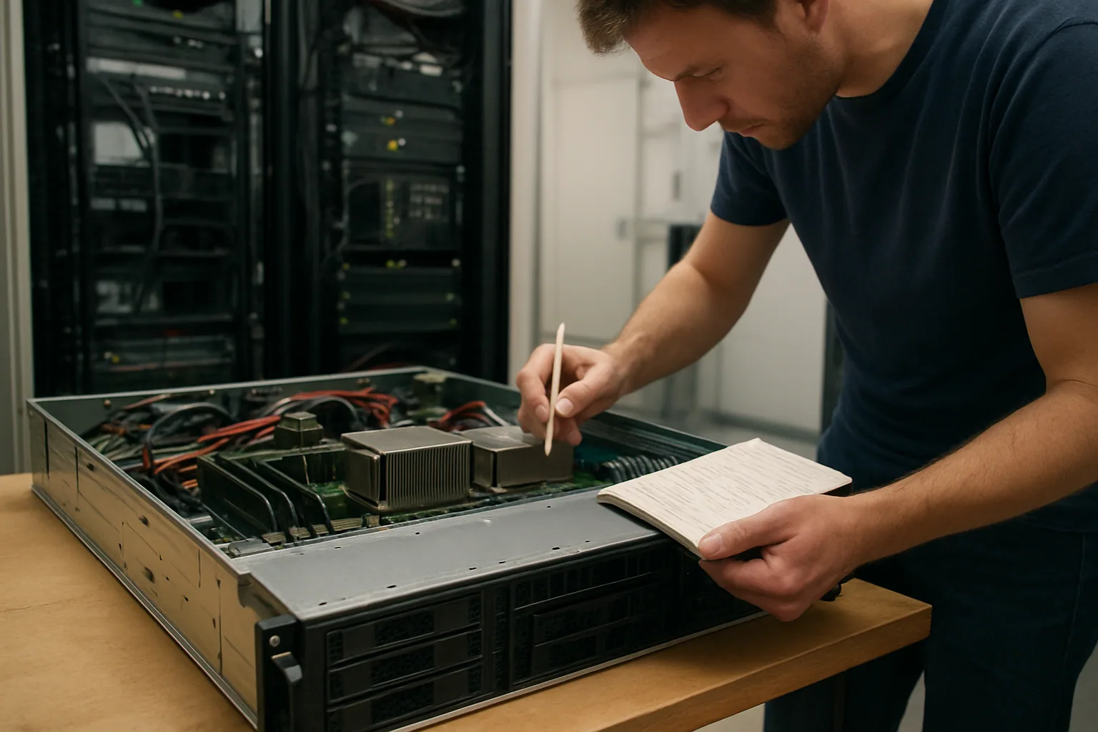 Un servidor rack antiguo con procesadores Xeon y cables conectados en una sala de máquinas iluminada por luz blanca, junto a una persona revisando métricas en un monitor.