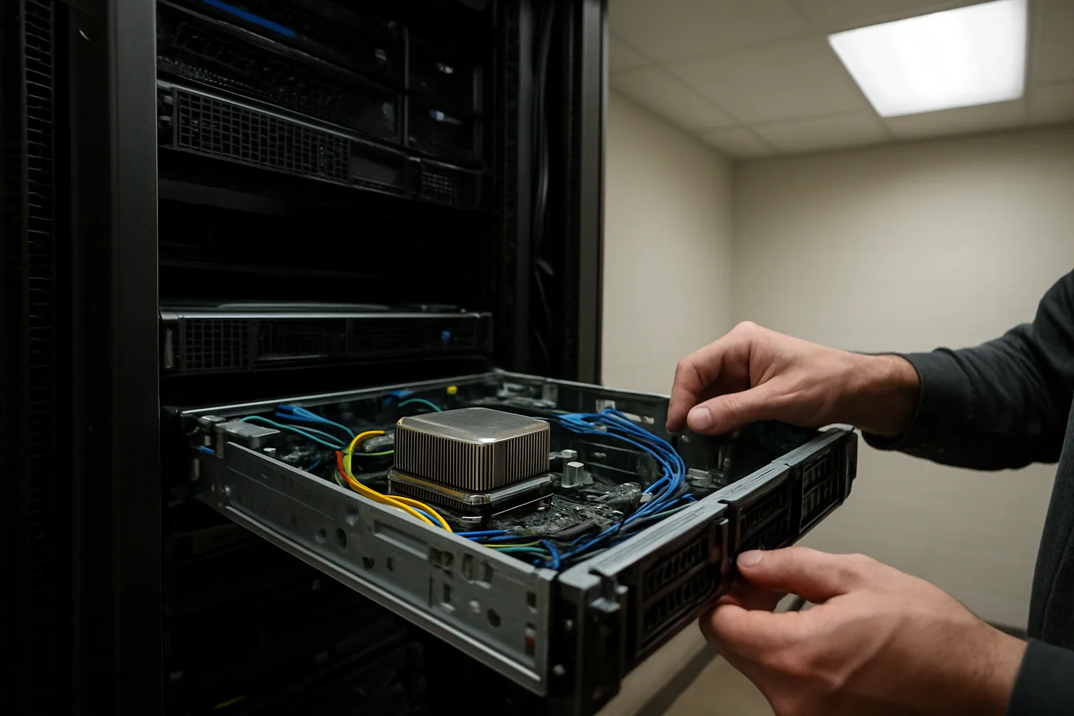 Un servidor rack Xeon de una generación antigua instalado en un cuarto de equipos, con cables, bandejas metálicas y luces de estado encendidas.