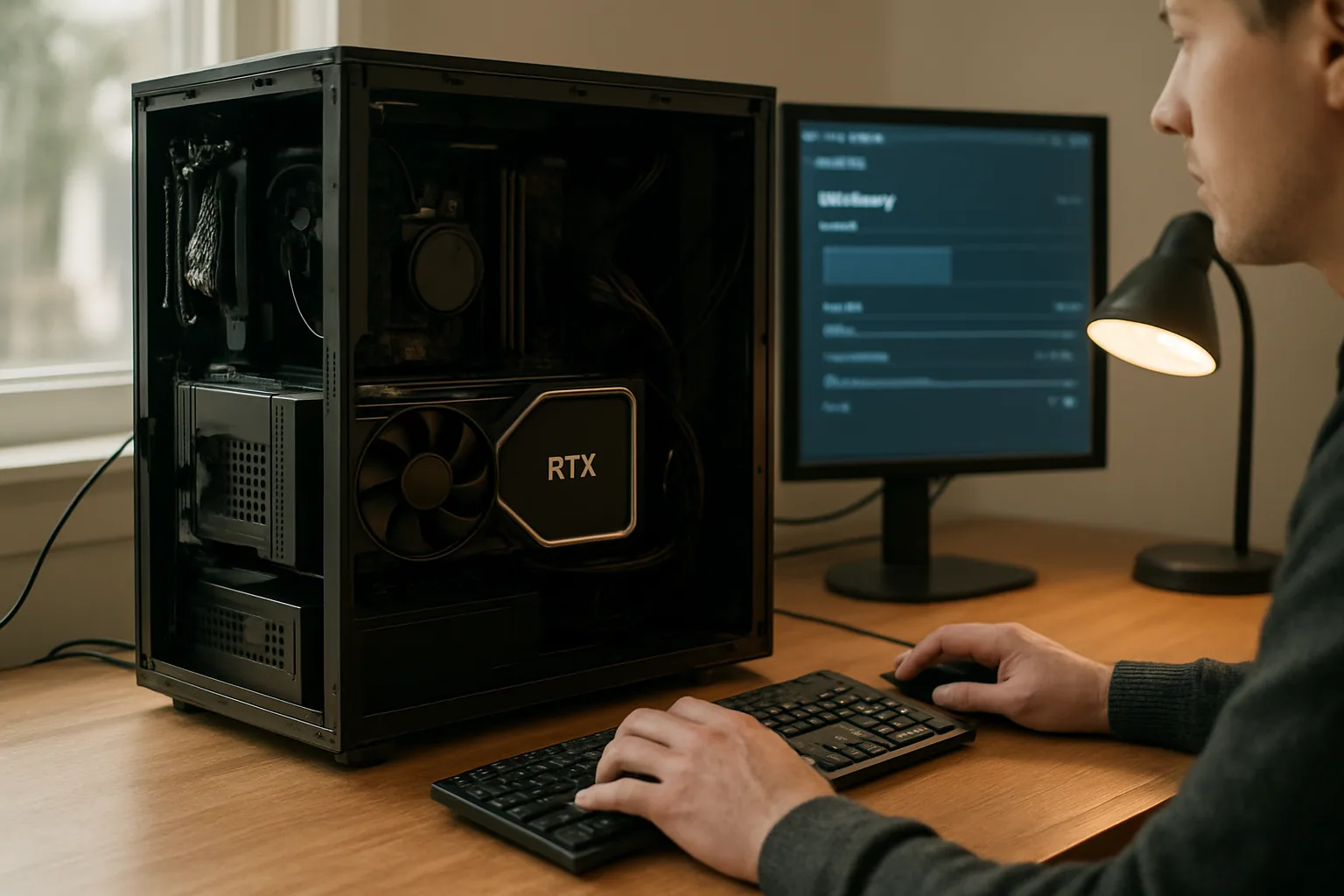 Una persona trabaja frente a una estación Linux con una GPU Nvidia instalada en un gabinete abierto, mientras monitorea memoria y rendimiento en dos pantallas.