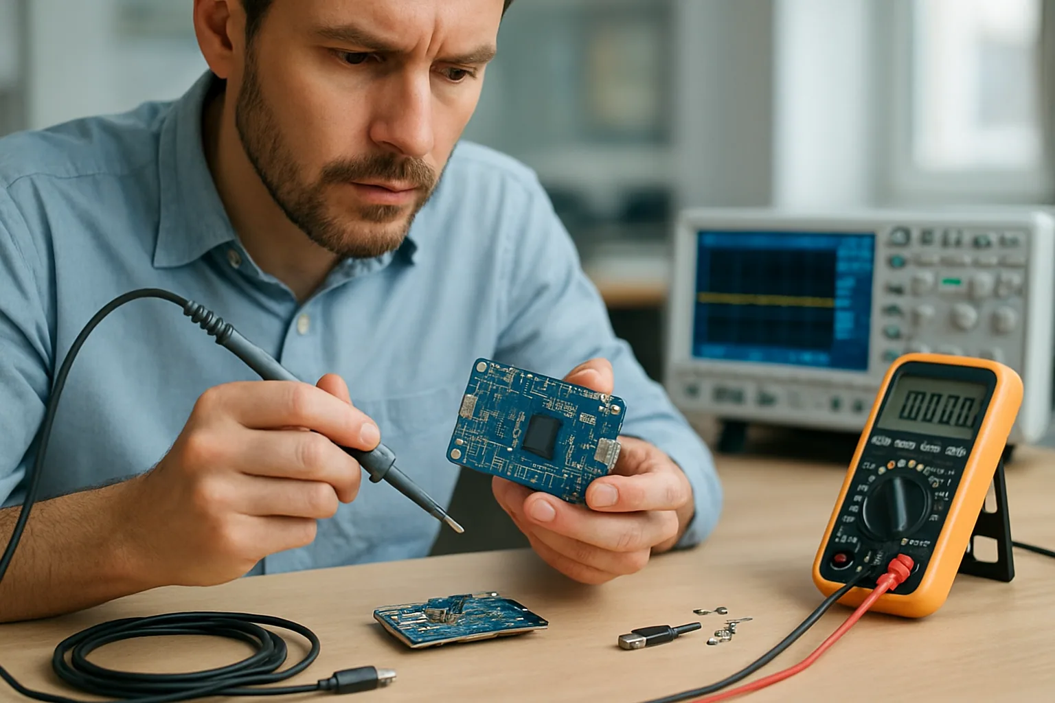 Un ingeniero revisa un puerto USB-C en una placa electrónica mientras mide señales con una sonda y un multímetro sobre una mesa de laboratorio.