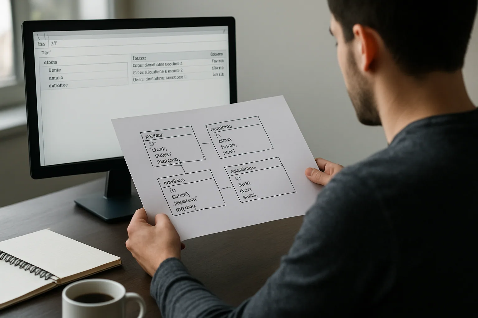 Una persona revisa en una pantalla de monitor tablas de una base de datos SQLite mientras compara tamaños de índices y llaves primarias.