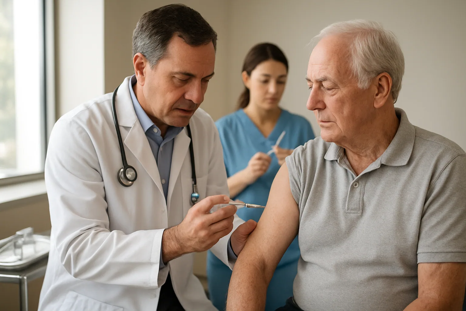 Una persona mayor recibe una vacuna en el brazo en una clínica, con una enfermera preparando la jeringa y un ambiente médico limpio y luminoso.