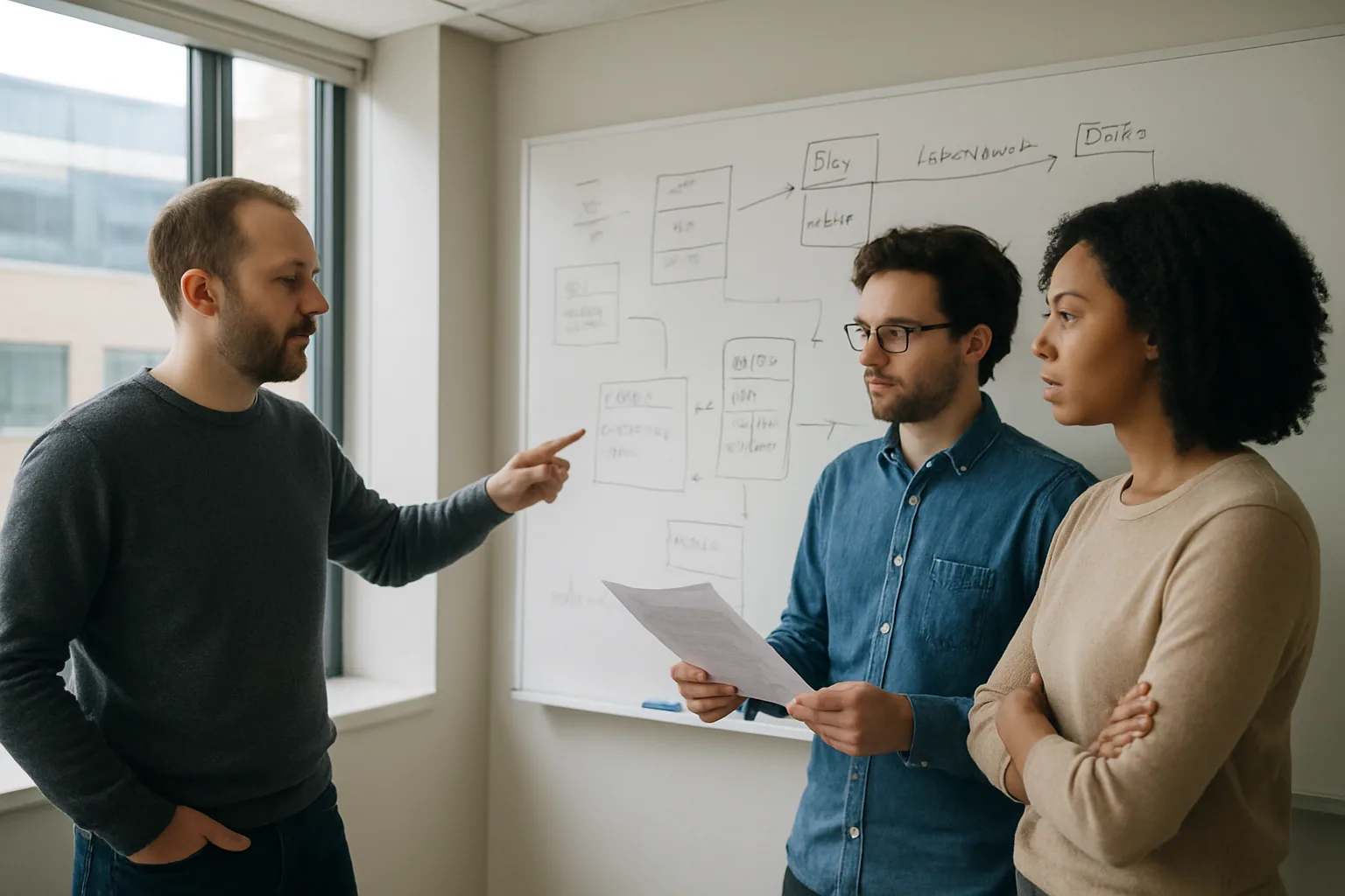 Un equipo de desarrollo revisa diagramas de arquitectura en una sala de reuniones mientras una pizarra muestra clases y estructuras de datos de Java.