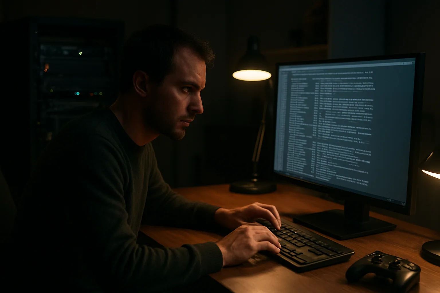 Una persona revisa en un monitor logs de red y métricas de un servidor de juego mientras una sala de pruebas aparece al fondo.
