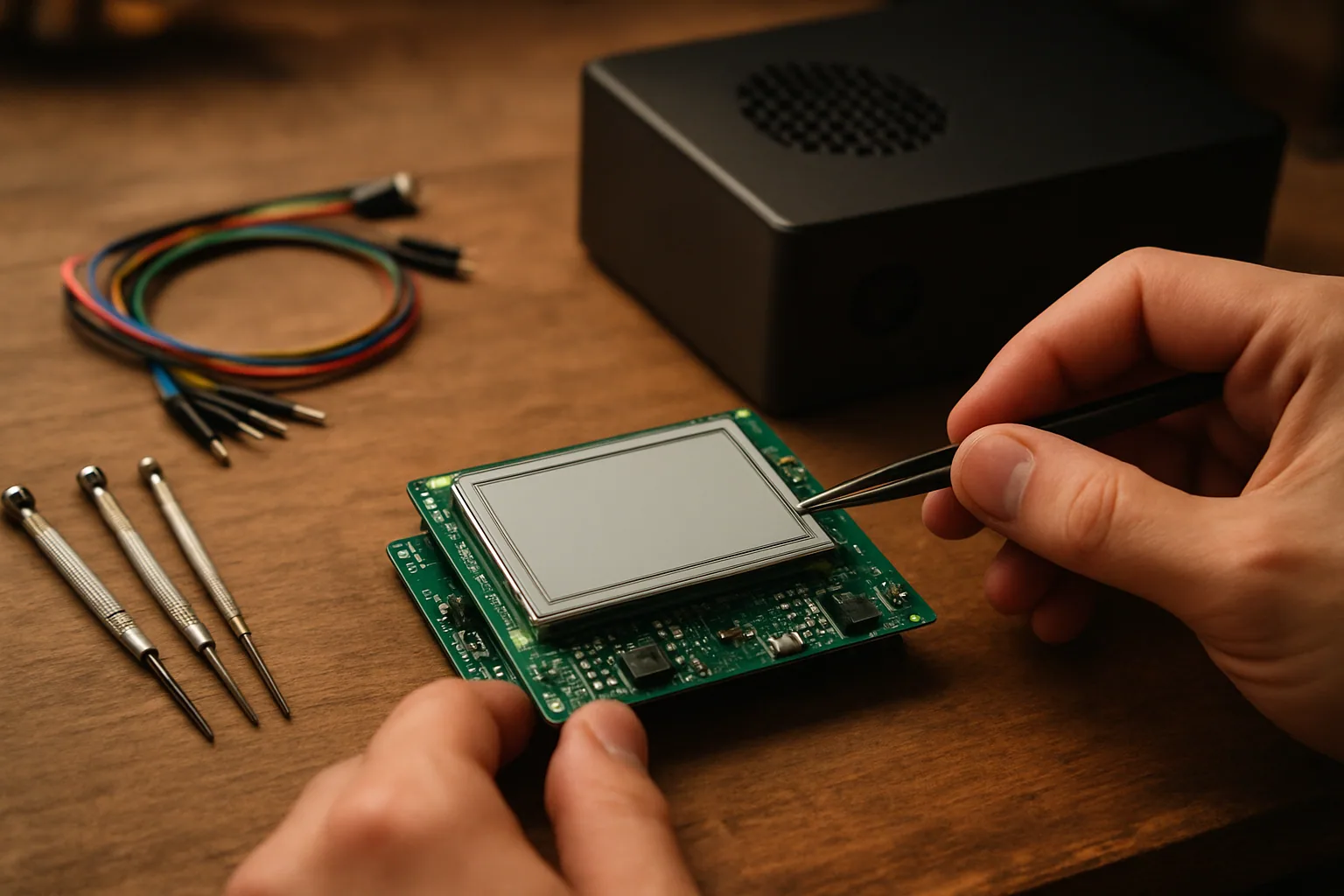 Una placa electrónica con una pequeña pantalla e-ink montada sobre una mesa de trabajo junto a herramientas de modding y componentes de hardware.