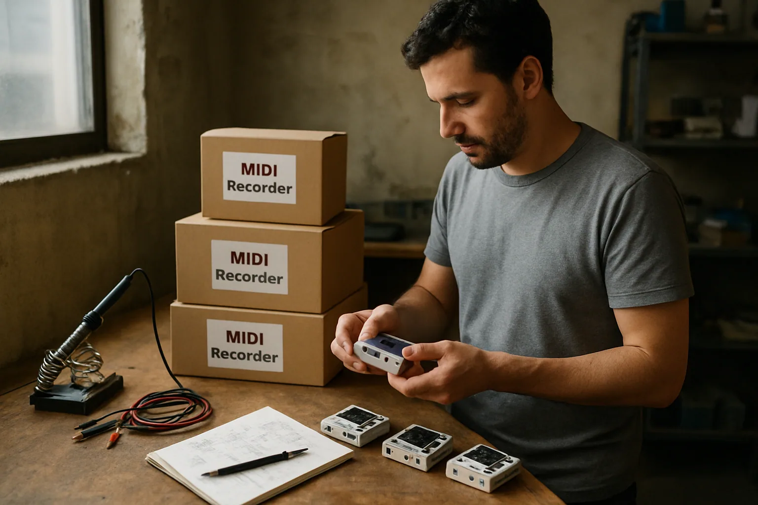 Una persona revisa una mesa de trabajo con varios dispositivos MIDI compactos, cajas de envío y herramientas de ensamblaje en un taller pequeño.