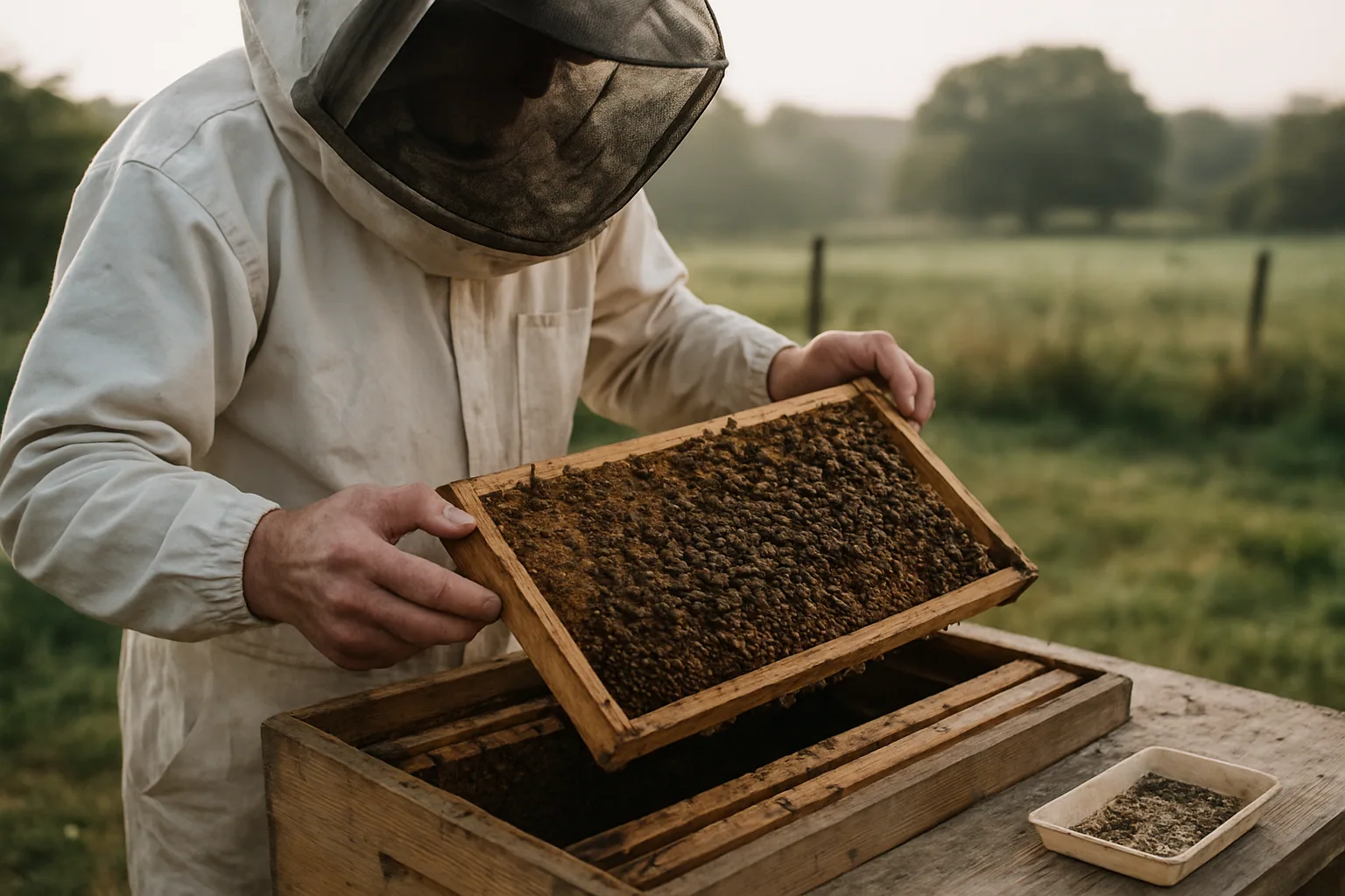 Una colmena de abejas melíferas en un entorno agrícola, con un apicultor observando cuadros de miel y una referencia visual al control de la plaga varroa.