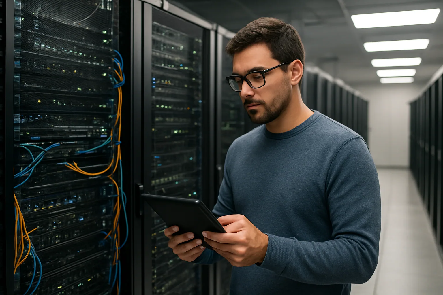 Un centro de datos con racks de servidores y cables ordenados mientras una persona técnica revisa una consola de monitoreo frente a una sala de infraestructura de IA.