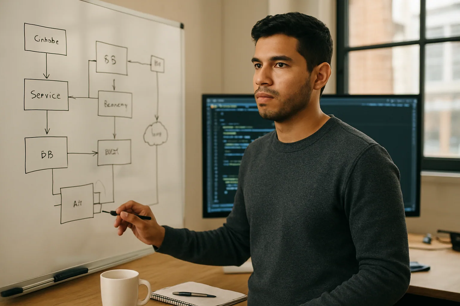 Una persona desarrolladora revisa un flujo de trabajo de IA en una oficina moderna con una pizarra llena de diagramas y una pantalla con código TypeScript al fondo.