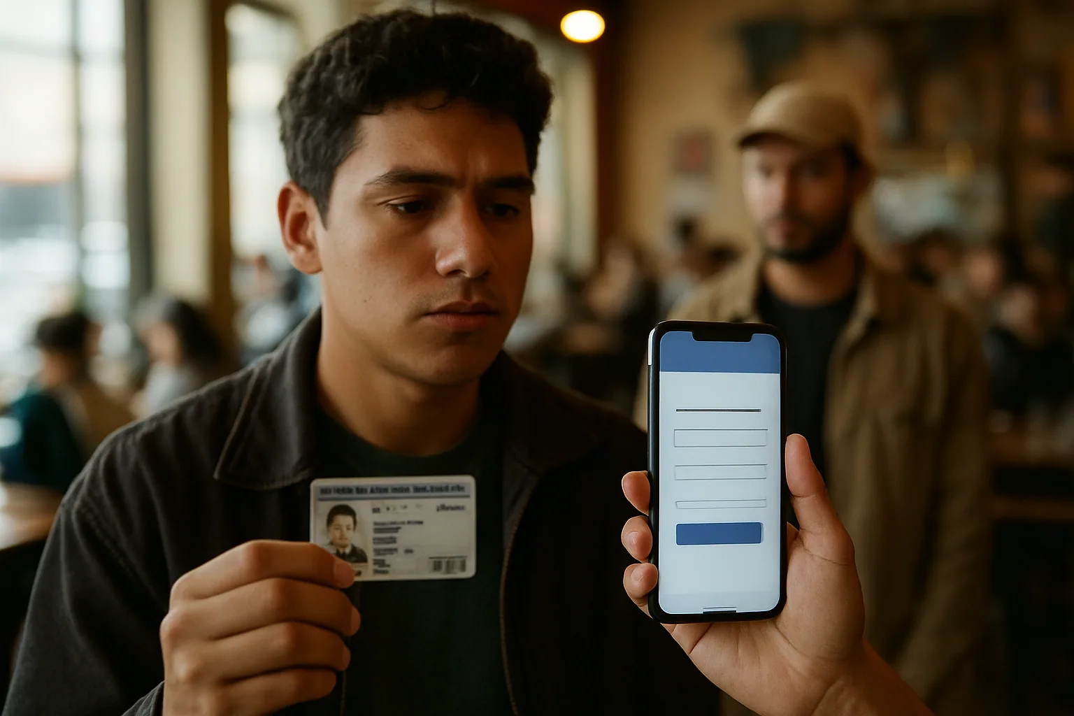 Una persona muestra su cédula frente a la cámara de un celular mientras abre una red social en una cafetería, con otra persona esperando detrás.