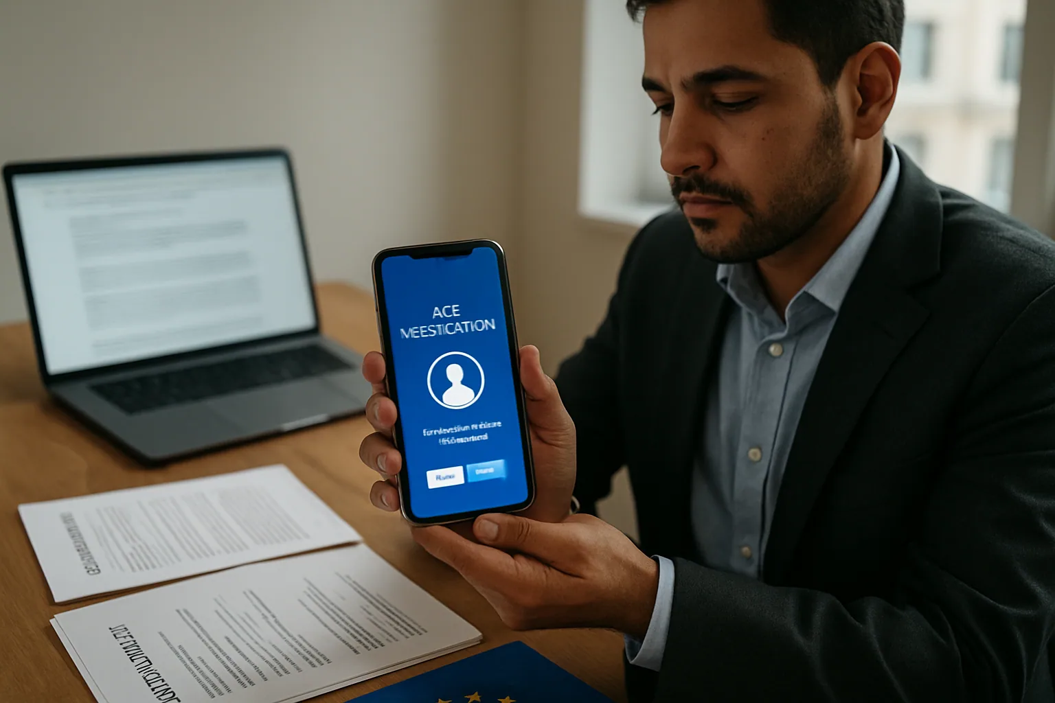 Una persona sostiene un teléfono móvil frente a una pantalla con una solicitud de verificación de edad en un entorno de oficina, mientras un navegador abierto queda al fondo sobre una mesa.