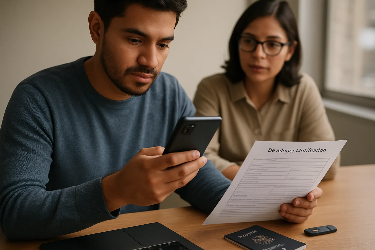Una persona sostiene un teléfono Android mientras revisa una pantalla de configuración de seguridad en una mesa de trabajo con documentos y una tarjeta de identificación al lado.