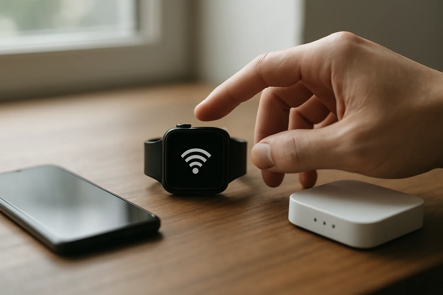 Un reloj inteligente sobre una mesa junto a un teléfono y un router doméstico, con una persona revisando la pantalla y señal móvil en un entorno de oficina.