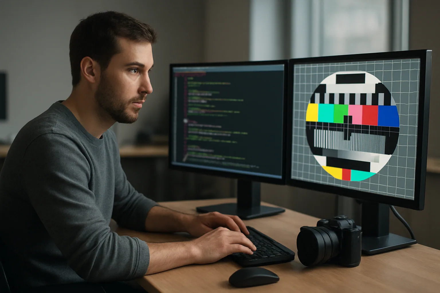 Un desarrollador revisa código de un decodificador de video en una oficina con monitores y una cámara profesional sobre la mesa, mientras al fondo se ve una pantalla reproduciendo video de prueba.