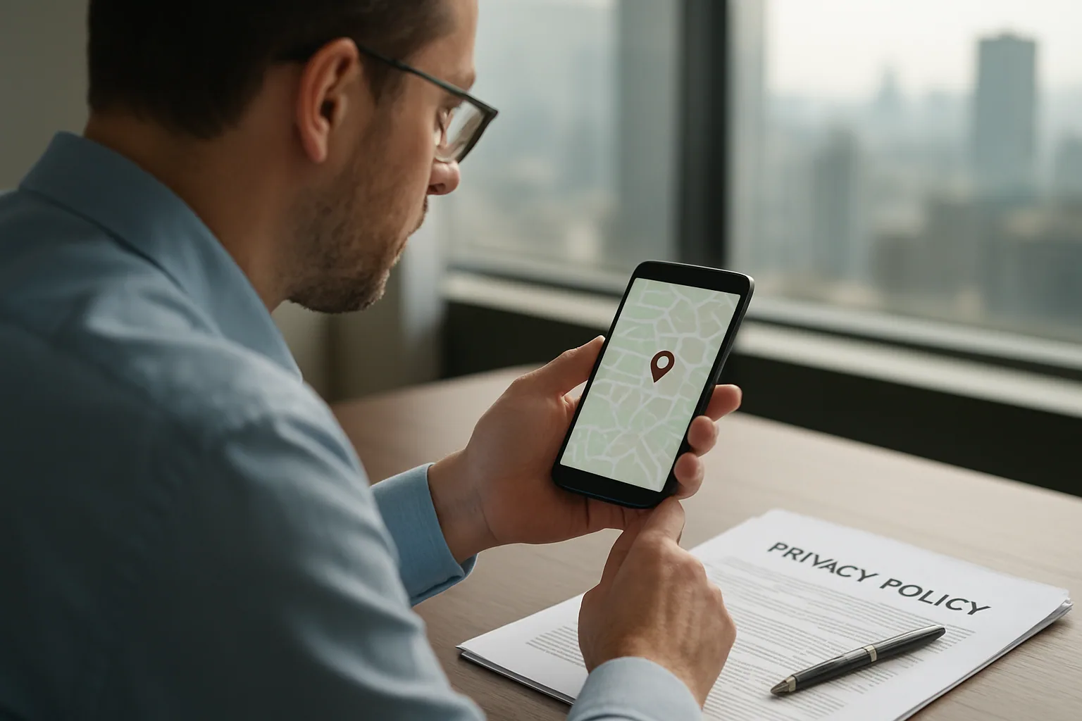 Una persona revisa en un teléfono móvil un mapa con puntos de ubicación mientras al fondo se ve una oficina moderna con pantallas de análisis de datos.