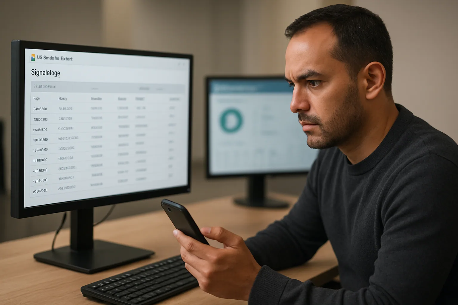 Un analista de seguridad revisa en una pantalla los registros de inicio de sesión de Microsoft Entra mientras sostiene un teléfono móvil, en una oficina con iluminación neutra.
