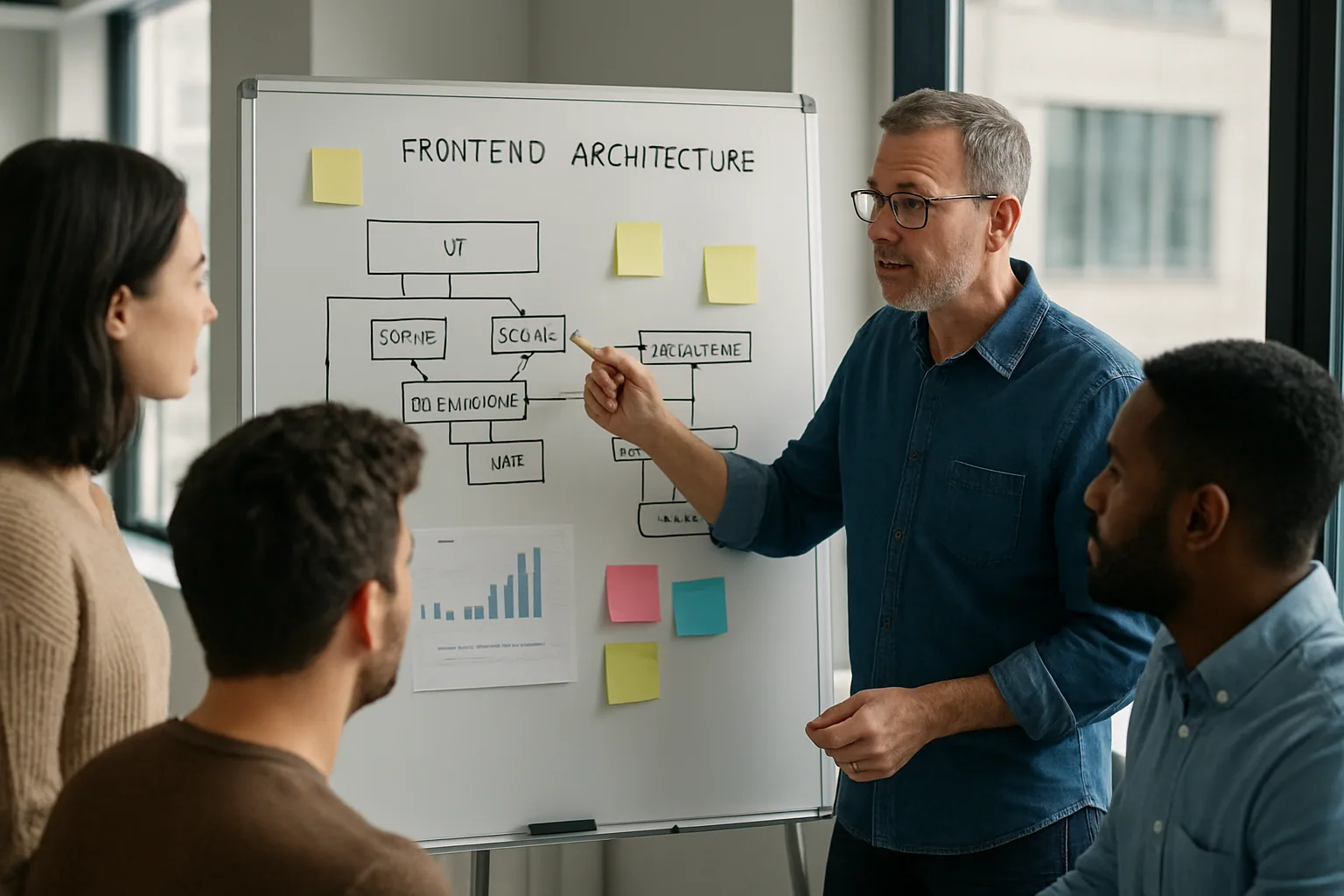 Un equipo de desarrollo revisa una pizarra con arquitectura de frontend y métricas de build en una oficina moderna.