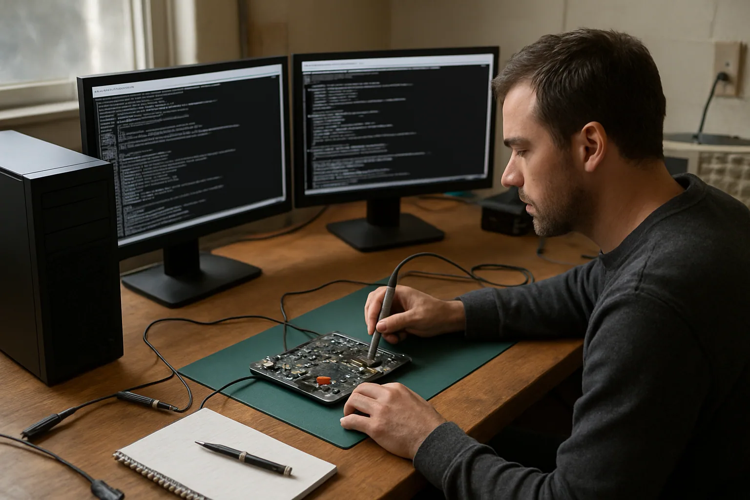 Una persona revisa una placa FPGA conectada a una estación de trabajo Linux en un escritorio técnico con cables, cuaderno y herramientas de laboratorio.