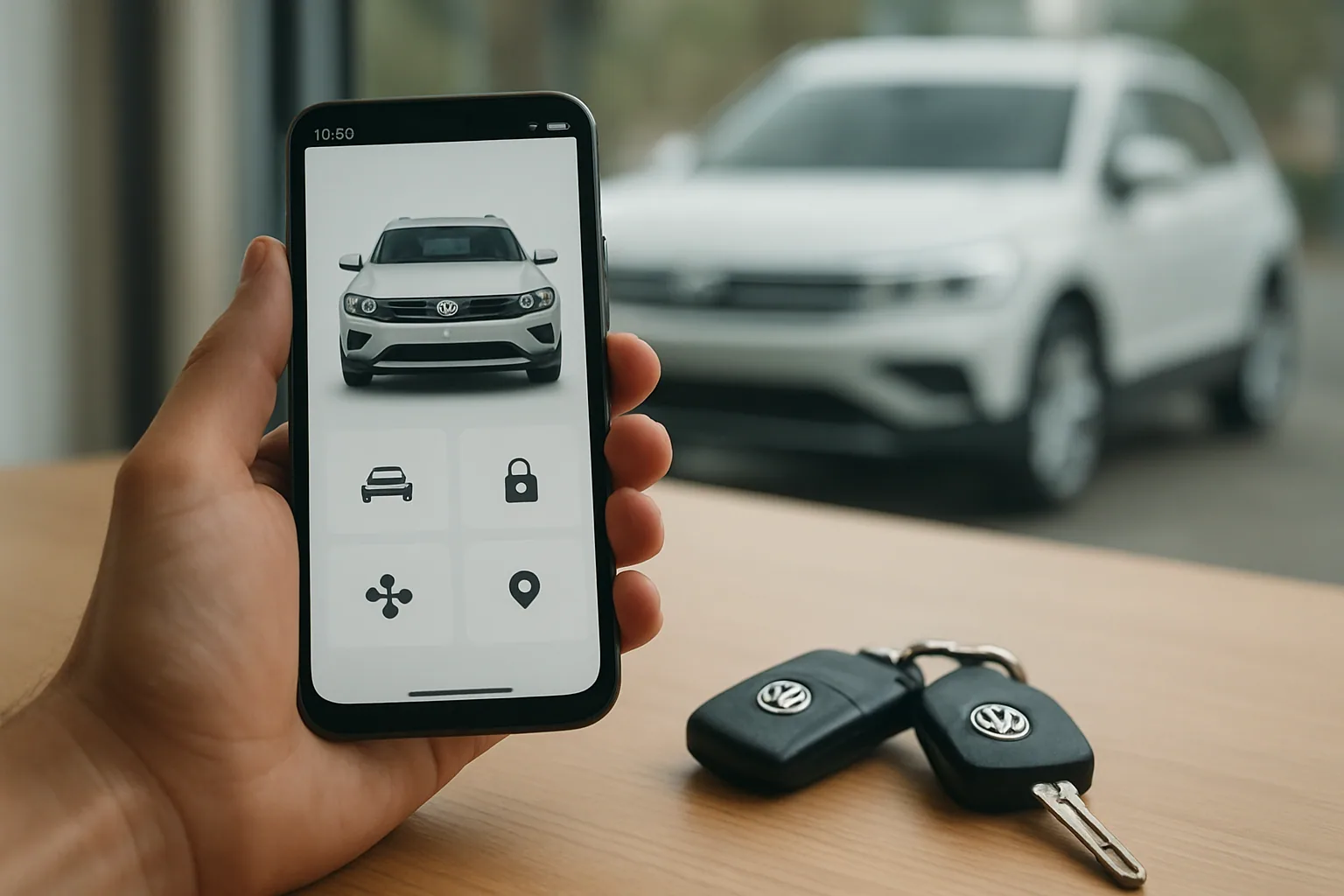 Un teléfono Android con una app de Volkswagen abierta junto a las llaves de un auto y un fondo urbano desenfocado.