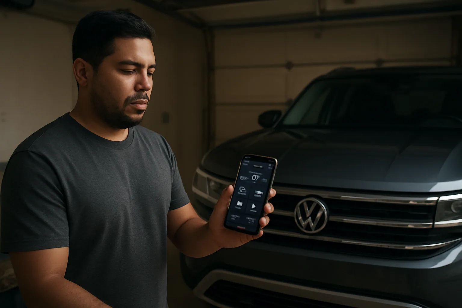 Una persona revisa en su teléfono una app de Home Assistant junto a un Volkswagen estacionado en un garaje nocturno.