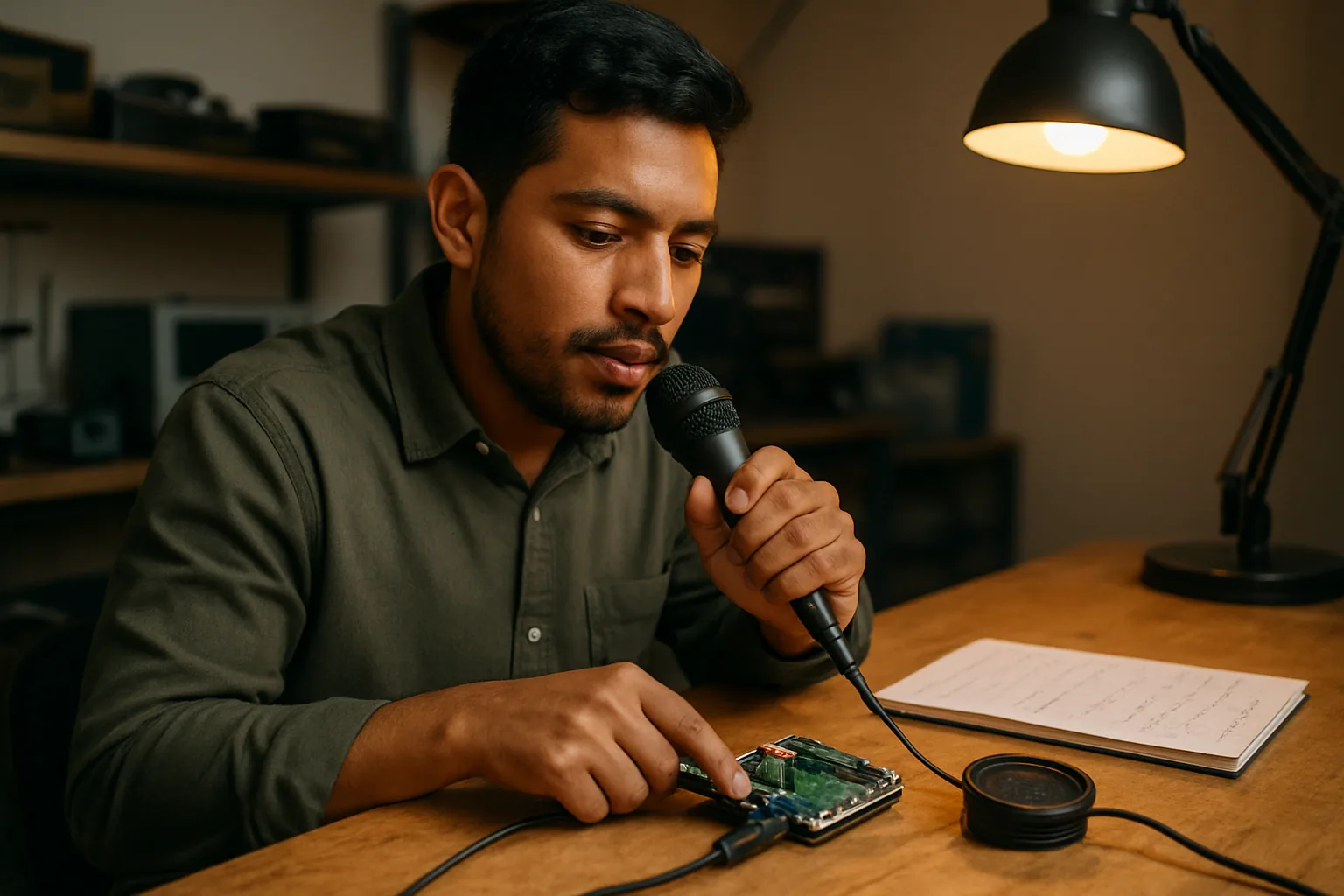 Un técnico sostiene un dispositivo compacto en una mesa de laboratorio mientras prueba audio con un micrófono y una pequeña placa embebida al lado.